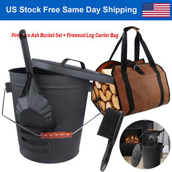 5.15 Gallon Metal Fireplace Ash Bucket Set + Firewood Log Carrier Bag Heavy Duty