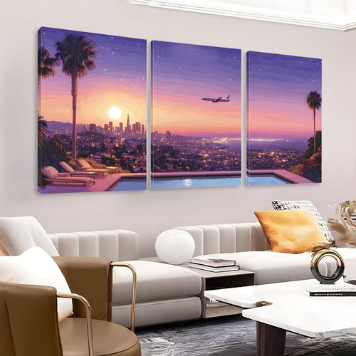 Rumftozyb Hiroshi Nagai Canvas Wall Art, Japanese Anime Wall Decor, Surrealism Wall Art, Miami Sunset Wall Decor, Synthwave Art Print, Purple Cityscape Poster for Living Room (12" x 18" x 3 pcs)