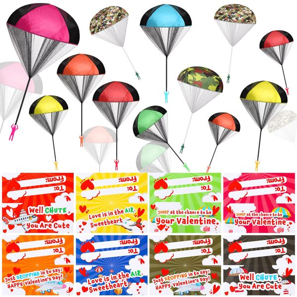 Arrowbash 48 Pieces Valentine's Day Parachute Toys with Cards Army Soldiers Guys Toy 17" Twist Free No Battery Throwing Hand Toy for Kids Party Favor Valentine Greeting Cards Valentine Gift Exchange