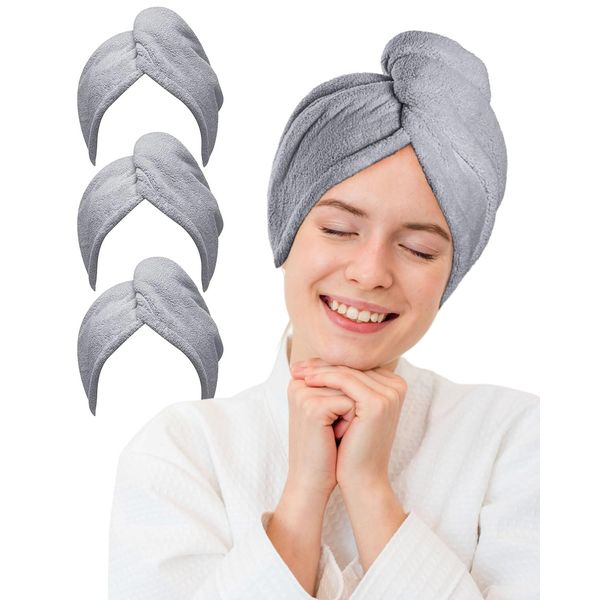 MOXTOYU 3 Pack Microfibre Hair Towel Wrap Super Absorbent Microfiber Towel For Hair With Buttons Microfibre Head Towels For Women Girl Long Curly Wet Hair (Grey)