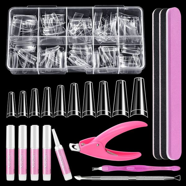 Clear Coffin Nail Tips Set, MORGLES 500pcs Long Nail Tips for Acrylic Nails Professional Half Cover Ballerina French Nail Tips Fake Nails Kit with Nail Glue, Clipper, Files, Cuticle Pusher and Fork