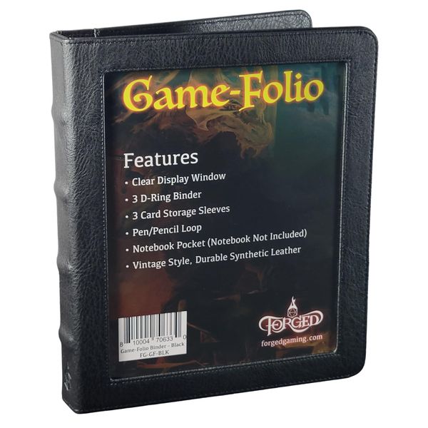 Forged Dice Co. Game-Folio PU Leather Portfolio Binder - Gaming Binder for DND Character Sheets with DND Spell Cards Organizer and Clear Front Pocket - Compatible with Dungeons and Dragons RPG - Black