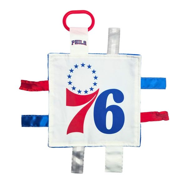 The Learning Lovey Philadelphia 76ers Baby Tag Toy - NBA Basketball - Baby Sensory Crinkle Toys - Soft & Safe - Ideal Baby Stroller Toy - BPA Free w/Stroller Clip (8" x 8" Tag Toy)