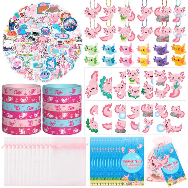 EYxsaxenk 122Pcs Axolotl Party Favor Pack of Reptile Animal Rubber Bracelet Resin Ornaments Temporary Tatto Sticker Keychain with Thank You Cards and Organza Bag for Axolotl Party Goodie Bag Supply