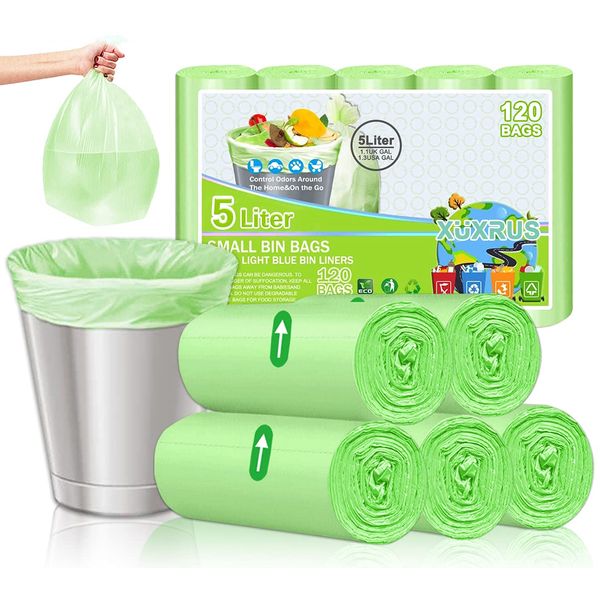 5L Bin Bags, 120Ct Kitchen Food Waste Bin Bags Small, Thick Bathroom Bin Liners, Corn Starch Trash Bag Fit 4~7 Liter Trash Can (40x45cm, Green)