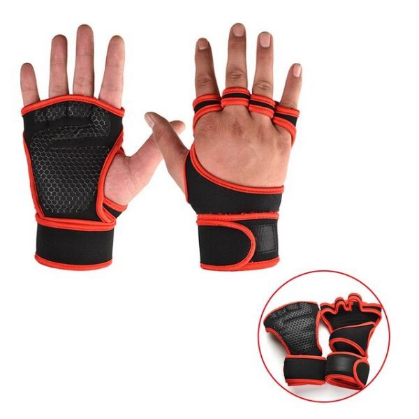 Unisex Weightlifting Training Gloves Fitness Sports Body Building Gymnastics Grip Health Hand Palm Wrist Protection, L, C-Red NO Wrist