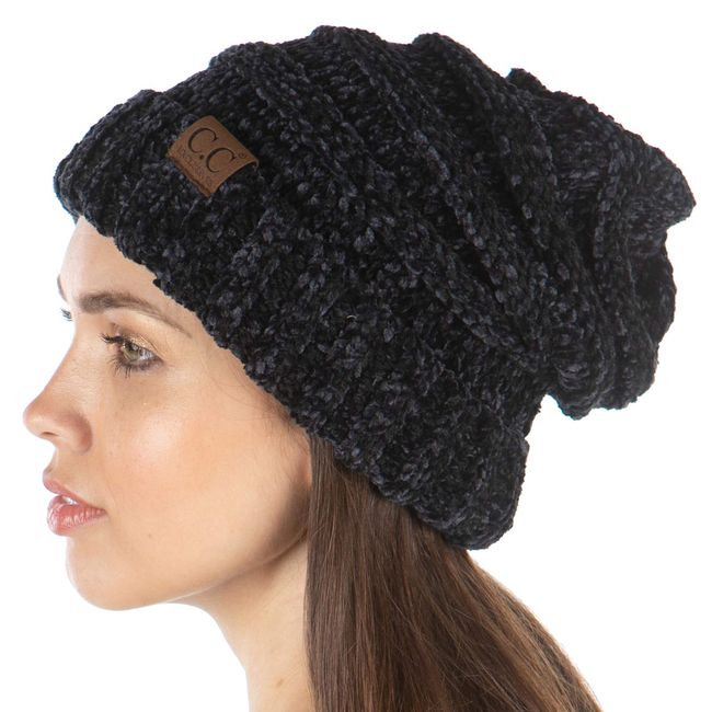 Womens Oversized Slouchy Chunky Knit Beanie Hat: Chenille Black