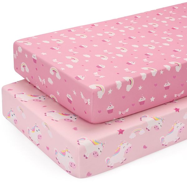 Yukkidds Cot Sheets 120x60 Fitted Cotbed Sheet 2 Pack Baby Cot Sheets Super Soft & Breathable Microfiber Pink Unicorn