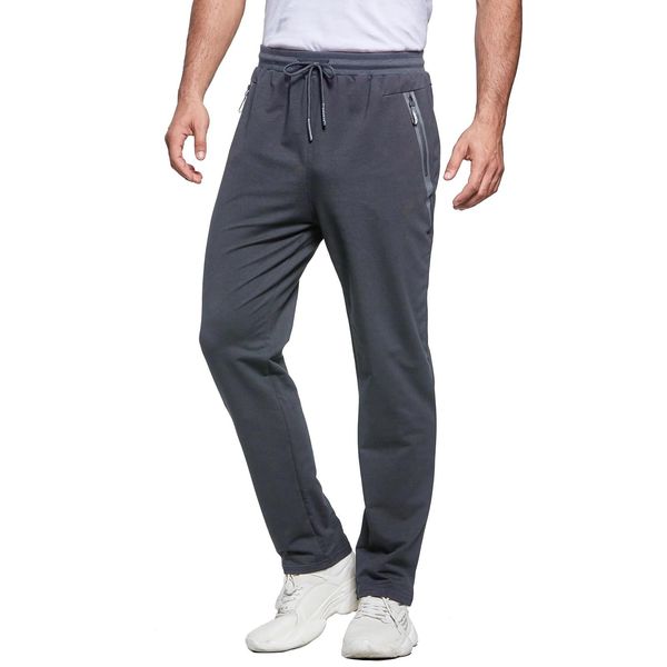 ZOXOZ Mens Tracksuit Bottoms Open Hem Trousers Mens Joggers Slim Fit Cotton Jogging Bottoms Elasticated Waist Zip Pockets Dark Grey2 S