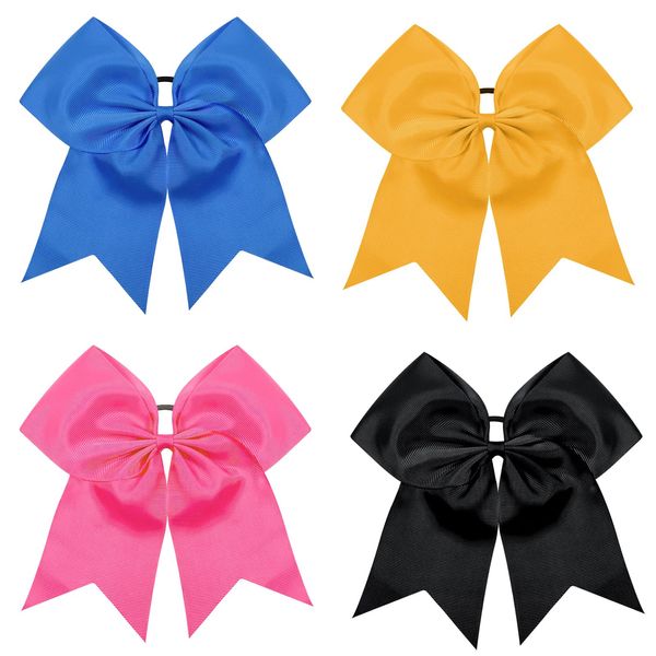 TUUXI 4pcs 8" Large Cheer Bows Elastics Hair Ties Bands Grosgrain Ribbon Ponytail Holder for Cheerleading Team Baseball Softball Tennis Cheerleader Bows Black Pink Blue Yellow