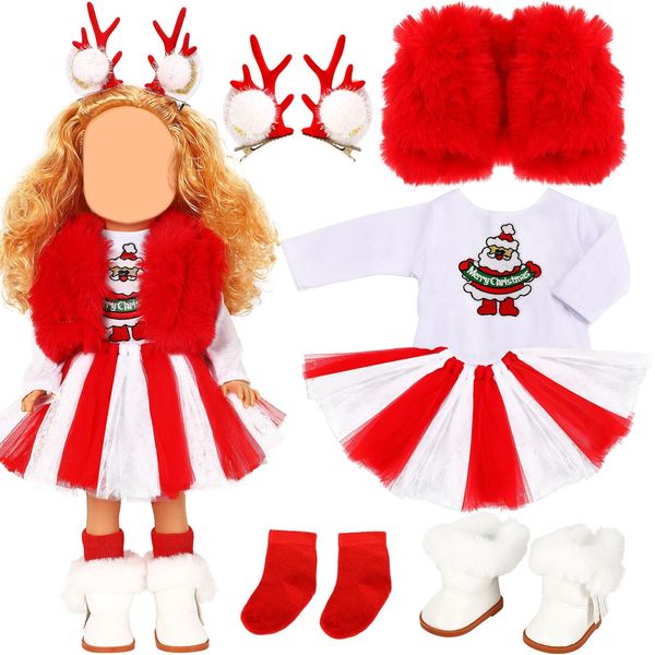 UPINS Christmas 18 Inches Doll Clothes and Accessories Winter Doll Outfits Set Christmas Deer Costume Includes Tutu Dress T-Shirt Shoes Hairpin Socks for 18 Inch Doll Girls Gifts