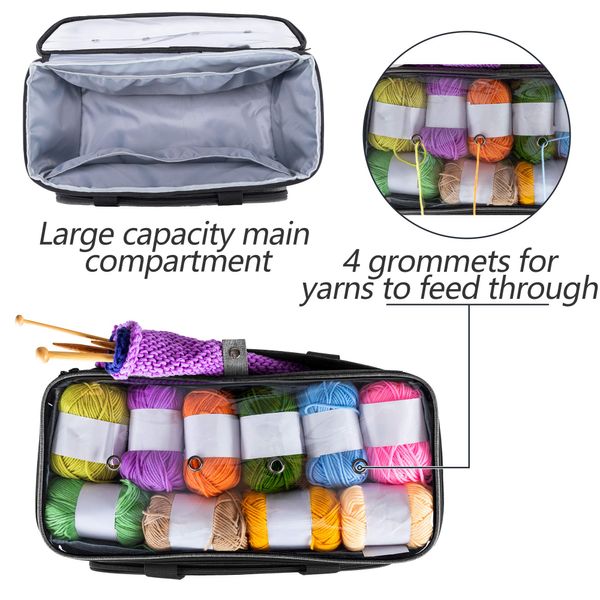 YARWO Knitting Yarn Bag, Crochet Tote with Pocket for WIP Projects, Knitting Needles(Up to 14”) and Skeins of Yarn, Gray with Grid (Bag Only)