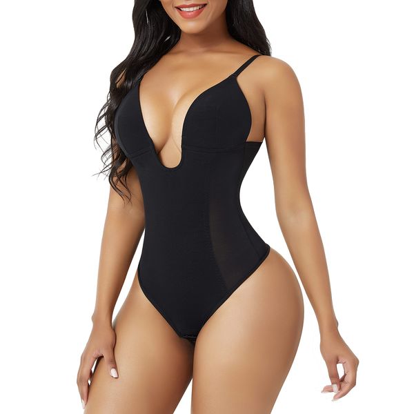 FeelinGirl Firm Tummy Control Shapewear Waist Shaper for Women V-Neck Faja Bodysuit with Bra Slimming Body Shaper Black L