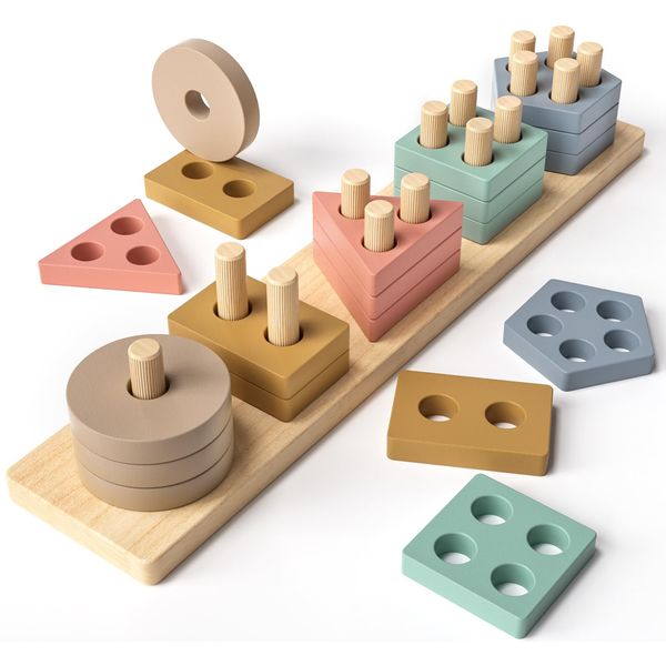 Steckspiel Montessori Spielzeug ab 1 2 3 Jahre Holz Formensortierspiel & Stapeln Spielzeug Motorikspielzeug Holzspielzeug Wooden Stacking Toy Lernspielzeug Geschenk für Baby Mädchen Jungen