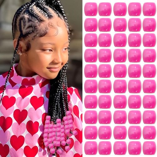 VENOFEN 50PCS Pink Hair Beads Hot Pink Jumbo Beads for Braids Pony Beads for Kids Girls Jewelry Making Kit Loc Dreadlock Accessories Braid Decoration, Small