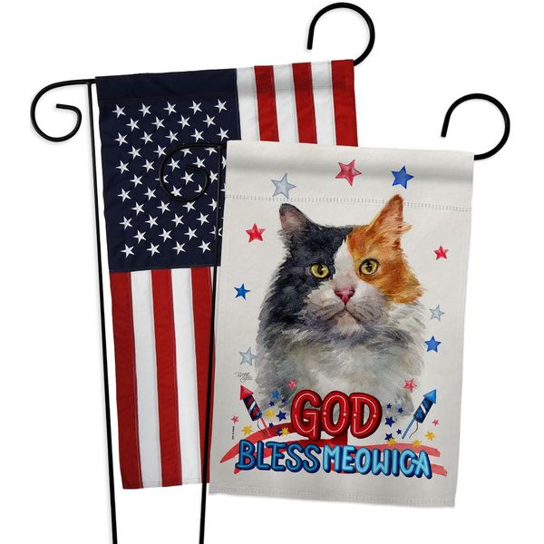 Breeze Decor Patriotic Long Hair Dilute Calico Garden Flag-Pack Cat Kitten Meow Spoiled Paw Fur Pet Nature Farm Animal Creature Applique House Banner Small Yard Gift Double-Sided, Made in USA