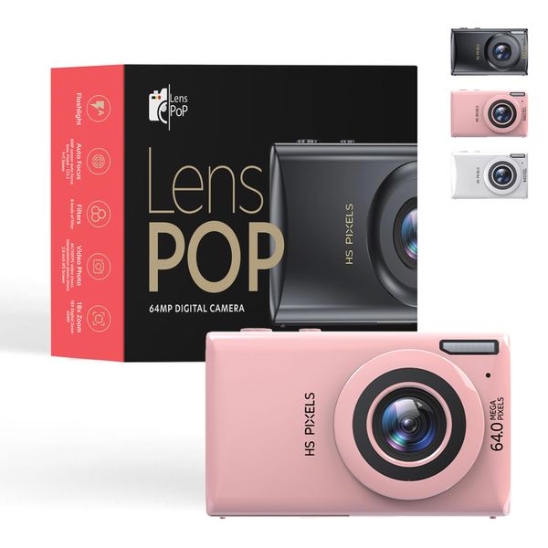 Lenspop 64 MP Digital Compact Camera with Flash, Digital Camera 8MP Sensor with Auto Focus Lens, Fixed - F/3.2 f=7.36mm, 18X Digital Zoom MP3 player 64MP Compact Digital Camera, 128 GB Memory Card