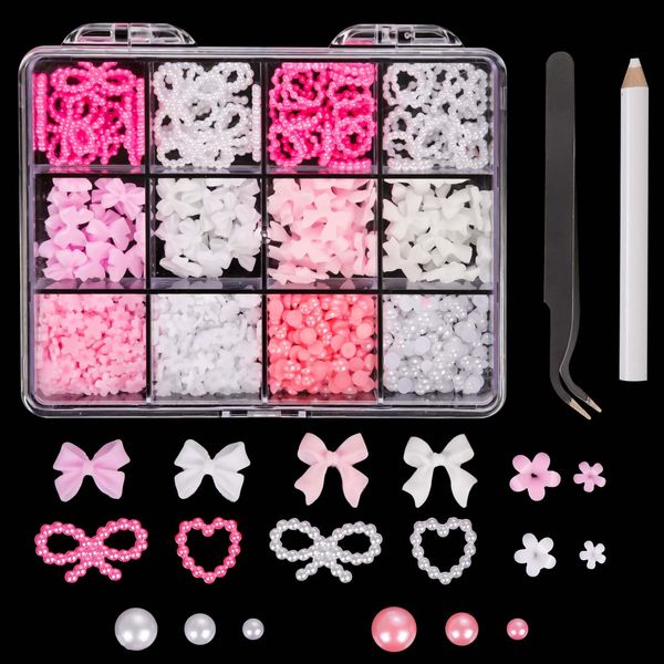 500pcs 3D Nail Charms, Multi Shapes Bow Nail Charms Love Heart Flower Pearl Nail Charms Resin Nail Decorations with Pickup Tool Nail DIY Accessories for Women Girls (White, Pink)