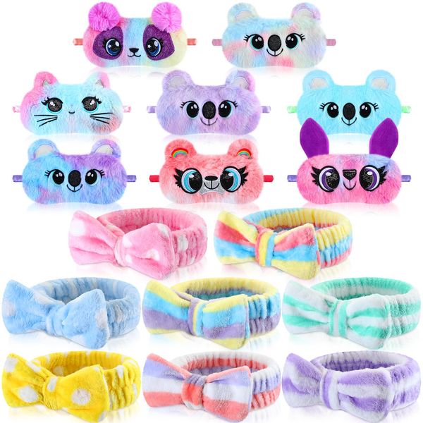 Maiteenly 16 Pcs Sleepover Party Supplies for Girls Include 8 Pcs Animal Sleep Masks 8 Pcs Bow Makeup Headbands Plush Sleeping Eye Mask Cover Spa Headband for Girl Women Shower Washing Face Travel