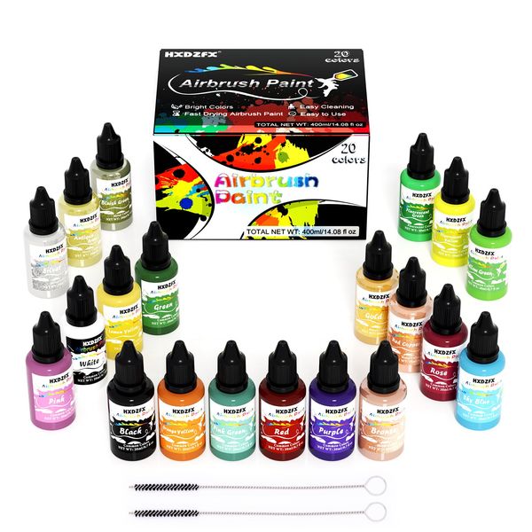 HXDZFX Airbrush Paint Set - 20 Colors × 20ml Quick Dry Air Brush Paint Sets, Water Based Waterproof Acrylic Airbrush Paint Kit For Acrylic Painting, Walls, Glass, Models, Shoes, Wood, etc.