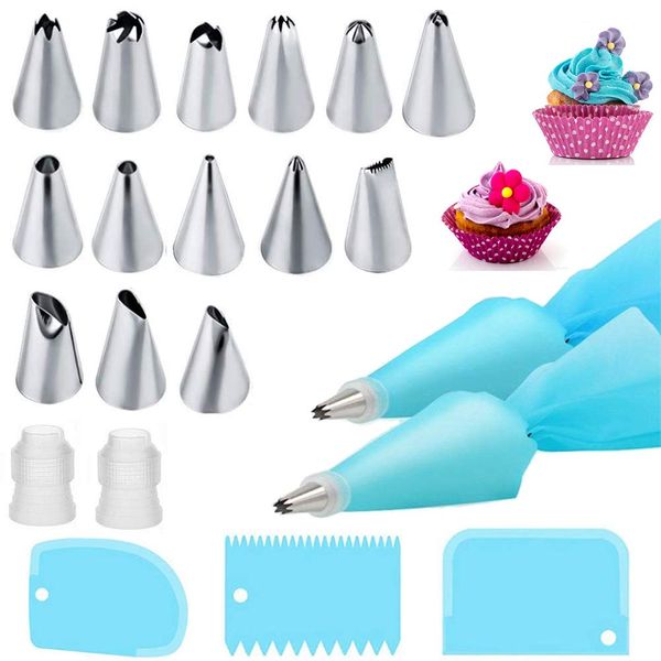 Piping Bags and Nozzles Set,21 Pcs Cake Piping Kit with 2 Reusable Piping Bags Icing Bag,14 Stainless Steel Cake Piping Nozzles Tips Kits,2 Coupler,3 Plastic Scrapers for DIY Cake Cupcake Decorating