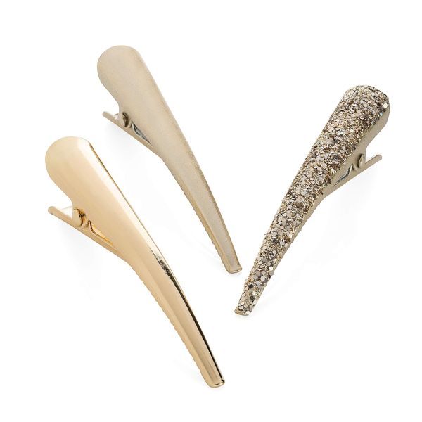 Three Piece Gold Colour Glitter Shiny & Matt Beak Hair Clip Set 6cm