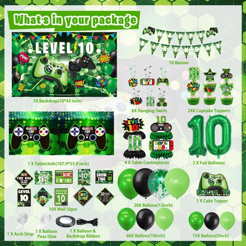 KOTLMIGHT 10th Birthday Decorations for Boys, 148Pcs Green Video Game level 10 Party Supplies for Boy 10th Birthday - Backdrop, Banner, Balloons, Tablecloth, Centerpieces, Hanging Swirls, Wall Signs