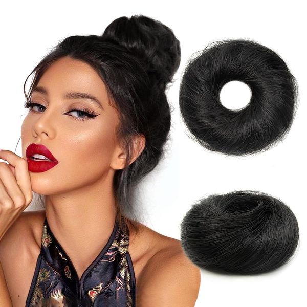 TANJET Messy Bun Hair Piece Human Hair Wavy Stretchy Jet Black 100% Real Human Hair Scrunchies Hair Bun Donut Elegant Chignon with Elastic Rubber Band Human Hair Tousled Updo Extension (#1 Jet Black)