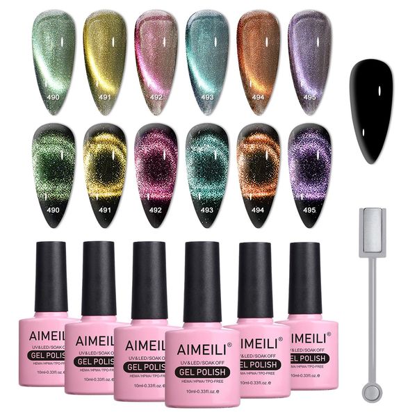 AIMEILI 9D Cat Eye Gel Nail Polish Set Smalto Semipermanente Magnetico per Unghie Kit UV LED Soak Off Set 48, 6x10ml + 1 x Bastone Magnetico