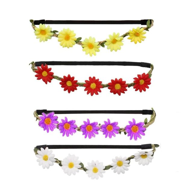 Angelkiss Sonnenblume, 4 PCS Daisy Stirnband mit Elastischem Band Krone Haarband Blumen für Hochzeit,Festival,Party Sunflower Head Flower, Nylon, gelb, rot, weiß, lila