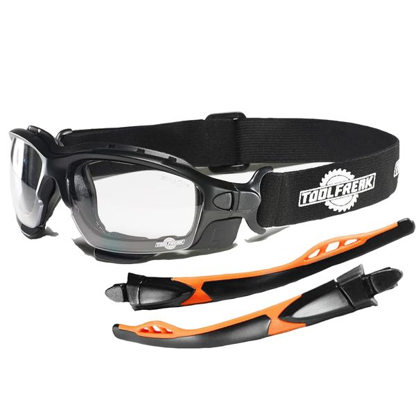 ToolFreak Spoggles Safety Glasses, EN166F Rated, Foam Padded, Clear Distortion Free Lenses, UV & Impact Protection, Headstrap and Carry Pouch