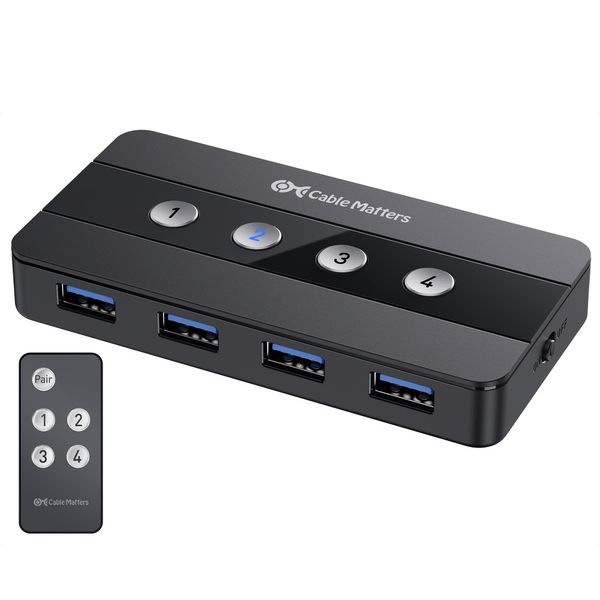 Cable Matters 4 Port USB 3.0 Switch Hub USB Sharing Switch for 4 Computers and USB Peripherals - Button or Wireless Remote Control Switching - Includes a USB-C Adapter for USB-C USB4 and Thunderbolt 4