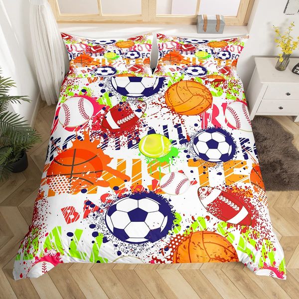 Feelyou Kids Duvet Cover Set for Boys Girls Sports Balls Bedding Set Full Size Microfiber Polyester Comforter Cover Basketball Football Soccer Baseball Print with 2 Pillow Shams, Zipper, 3 Pieces