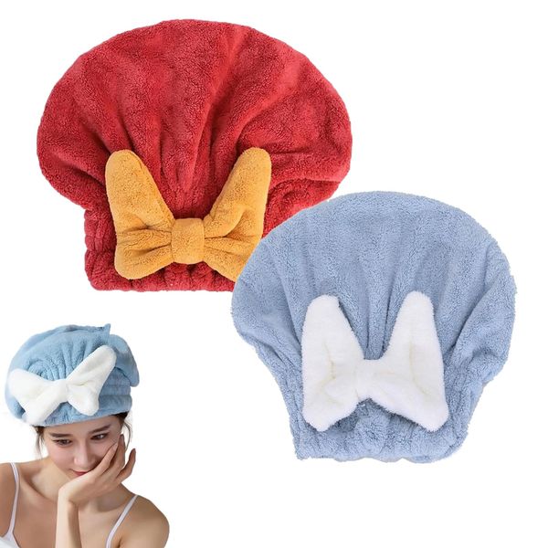 Tyrzol 2Pcs Hair Microfibe Hair Drying Caps Rapid Hair Towel Wrap Super Absorbent Hair Towel Wrap for Wet Hair Drying Towel Quick Dry Head wrap with Bow-Knot Shower Cap (Blue+Wine Red)