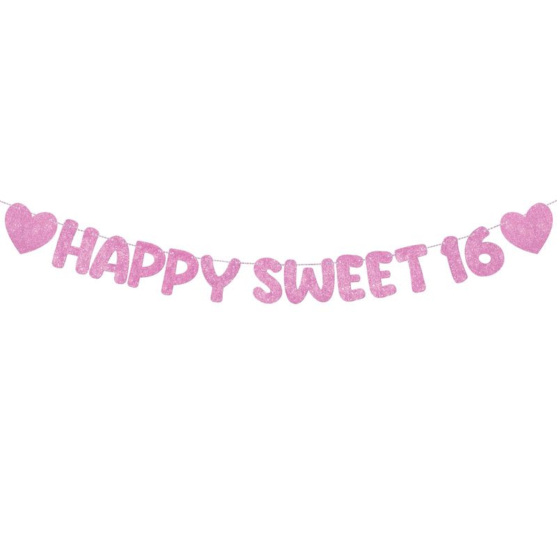 Festone Glitterato Happy Sweet 16 Per Compleanno Ragazza - Decorazioni Festa Oro Rosa Con Striscione E Nastri