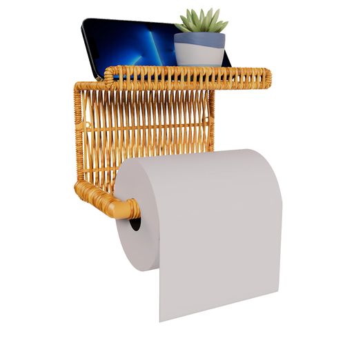 Synthetic Rattan Toilet Paper Holder with Shelf – Fits Mega Rolls, Boho Bathroom Decor Roll Holder for RV, Washroom, Kitchen – Water-Resistant Woven Tissue Dispenser (Natural, Screw Mount)