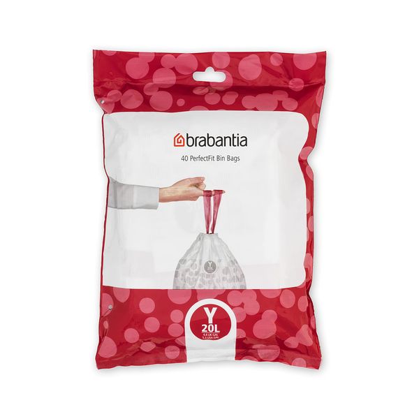 Brabantia PerfectFit Trash Bags (Size Y/5.3 Gal) Thick Plastic Trash Can Liners with Drawstring Handles (40 Bags)