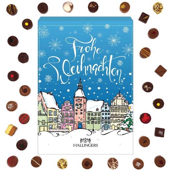 Hallingers Prächtige Altstadt - Adventskalender Pralinen Geschenk handmade ohne Alkohol aus Edelkakao Schokolade (Box) - Muttertagsgeschenk & Geschenkideen zum Vatertag | Glückwunsch Chanukka Freundsc
