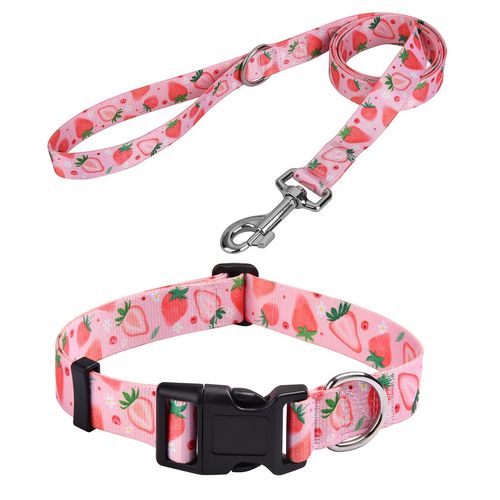 MarukoPet Dog Collar and Leash Set, Adjustable for Small Medium Large Dogs Puppy, Cute Design with Bohemia Floral Tribal Geometric Patterns Boys Girls Dog Collar(Strawberry Set,S)