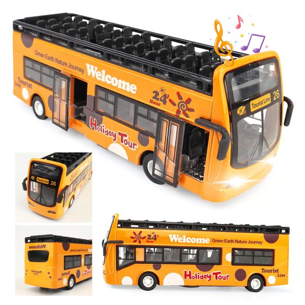 CORPER TOYS Yellow Bus Die Cast Metal Alloy Pull Back City Sightseeing Tour Bus Toys with Lights and Sounds for Kids Toddles Vehicles Model Car Gift for Birthday Christmas