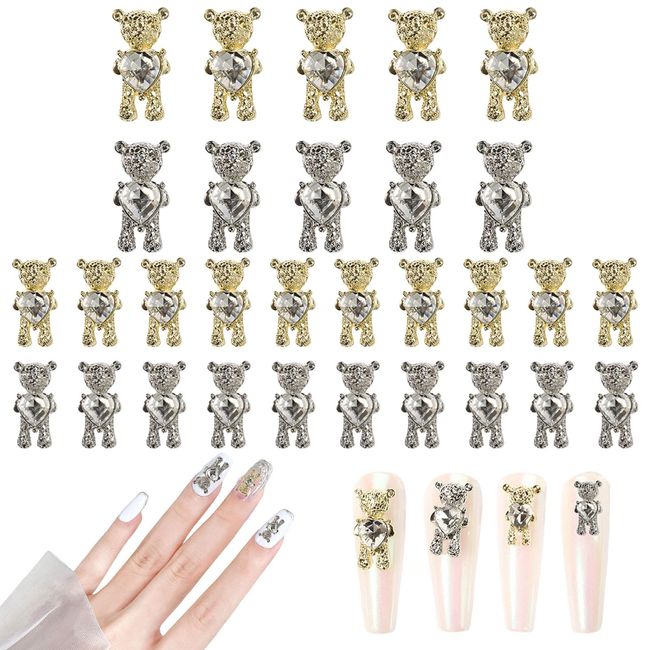 Bear Nail Charms,30PCS Shiny Alloy Bear Nail Art Decoration with Heart Rhinestones, 3D Gold Silver Alloy Nail Charms for Manicure Design DIY Ornaments Crafts Accessories