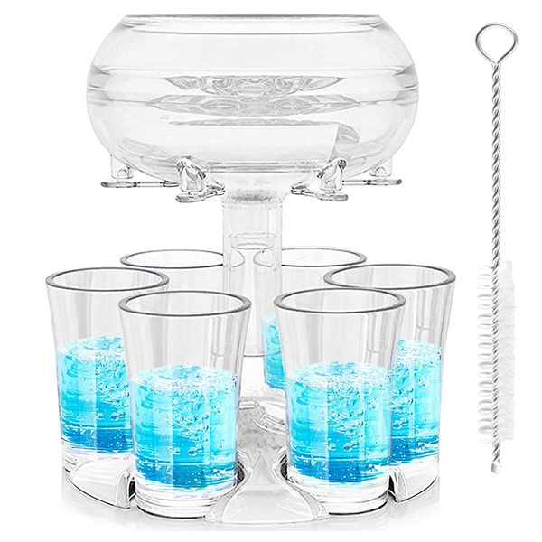 Shot Glasses Dispenser and Holder, Cocktail Dispenser with 6 Shot Glasses Liquid Dispenser for Filling Liquids Party Bar Home Festival (white)