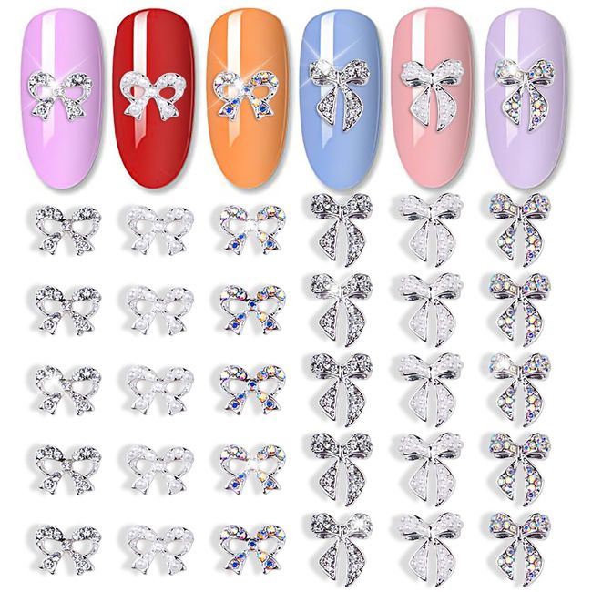 JERCLITY 30 Pieces Silver Bow Nail Charms Alloy Bow Charms Gems for Nails Bowknot Nail Studs Inlaid Pearl Clear Iridescent Rhinestone for Women Girls Nail Art