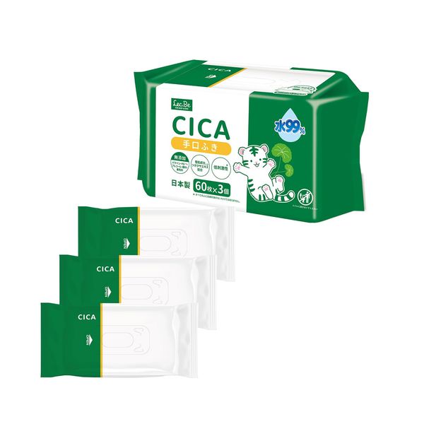 LEC CICA Wet Tissue Hand Wipes, 60 Sheets x 3 Pieces (180 Sheets), Skin Refreshing Ingredients, Trapidella Extract, 99% Pure Water, Hypoallergenic, Made in Japan