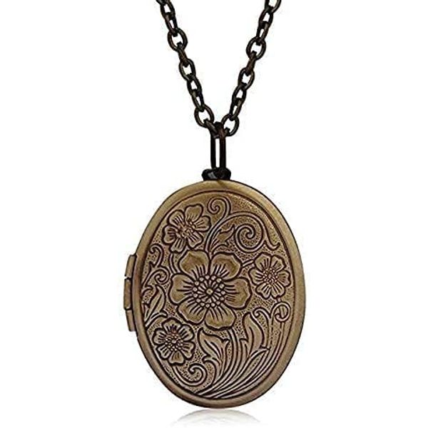 LRESJJIUJ Vintage Engraved Flower Locket Picture Pendant Necklace for Women Girls