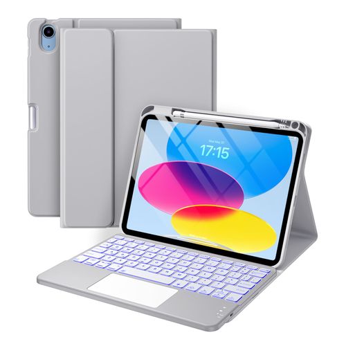Harvopu Compatible for iPad 11th 10th Generation Case with Keyboard, Folio Cover with Pencil Holder, Multi-Touch Trackpad, 7 Color Backlit, Detachable Keyboard for iPad (A16) 11th/10th Gen (Gray)