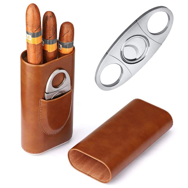 Time C club Cigar Case Travel 3- Finger Elegant Leather Cigar Case with Cedar Wood Lined Cigar Cutter