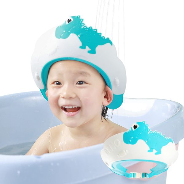 FUSACONY Baby Shower Cap Shampoo Cap for Kids Baby Hair Washing Shield Adjustable Bath Visor Face Shield for Toddler Kids Boys Girls Shower Hat to Stop Water in Eyes Dinosaur Blue