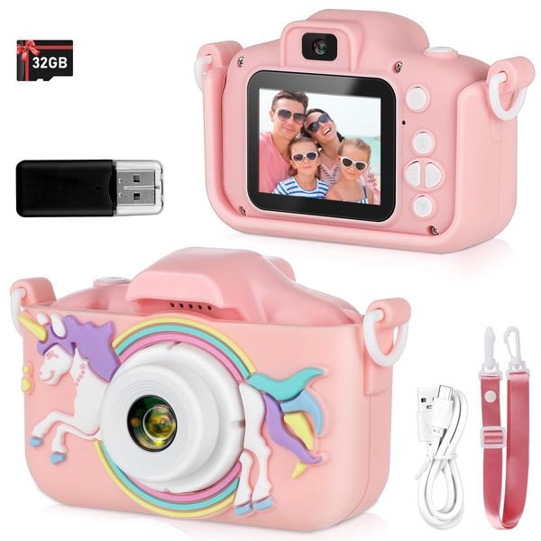 Kids Camera,HD Digital Video Camera with Protective Cover,Childrens Toys for 3 4 5 6 7 8 9 Year Old Boys/Girls,Selfie Camera for Kids,Christmas Birthday Gifts with 32GB SD Card (Unicorn Pink)