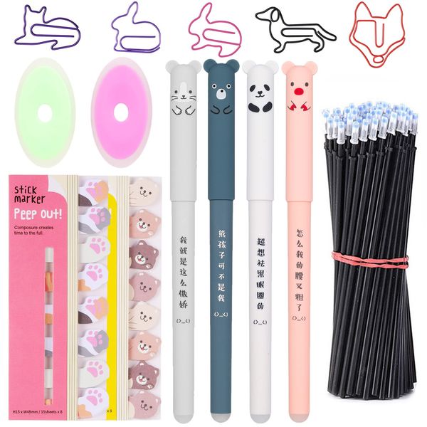 33Pcs Cute Pen Set, 0.35 mm Cartoon Animal Erasable Black Ink Gel Pen with Pen Refills, Self-Stick Page Flags Cat Paper Clips and Erasers for Kids Stationery School Office Supplies